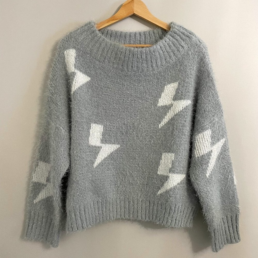 Grey Lightning Bolt Fuzzy Sweater
